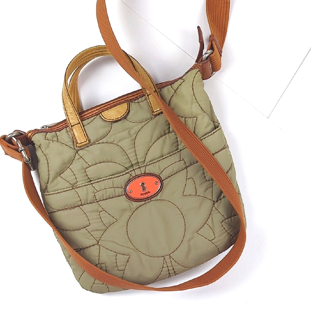 FOSSIL Key-Per Tan Beige Quilted Floral Nylon Leather Crossbody